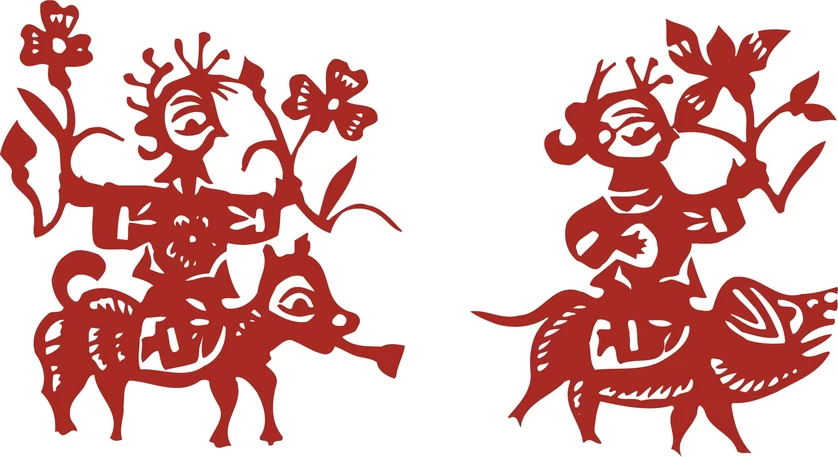 中国风中式传统喜庆民俗人物动物窗花剪纸插画边框AI矢量PNG素材【1306】